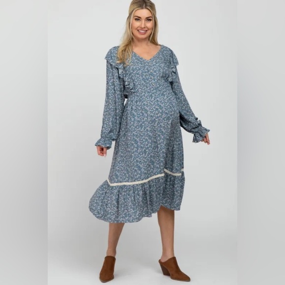 Blue Floral Ruffle Lace Accent  Dress NWT - Picture 1 of 2